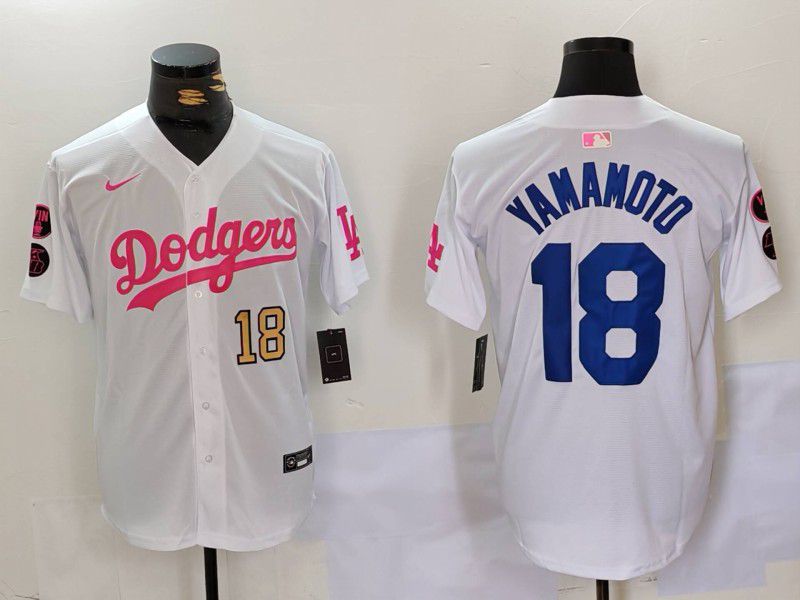 Men Los Angeles Dodgers #18 Yamamoto White pink joint name 2024 Nike MLB Jersey style 4->youth mlb jersey->Youth Jersey